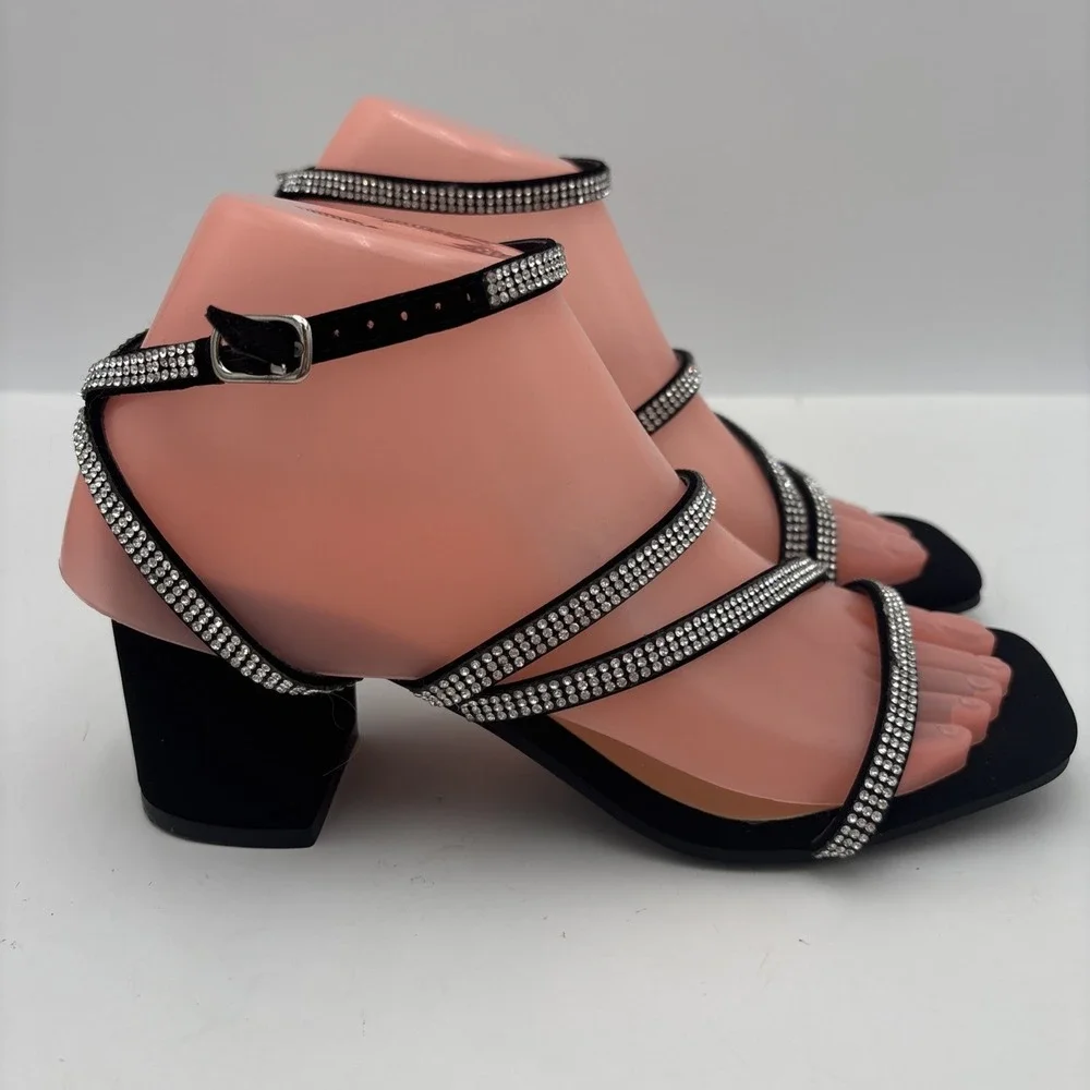 TOP MODA Women's Black/Silver Strappy Rhinestone Ankle Strap Buckle Heel  6.5